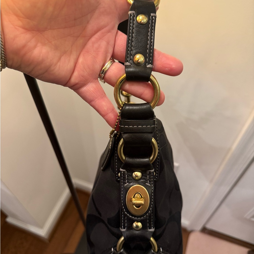 Coach Black Signature Carly Hobo Shoulder Bag with Brass Hardware - Picture 7 of 16